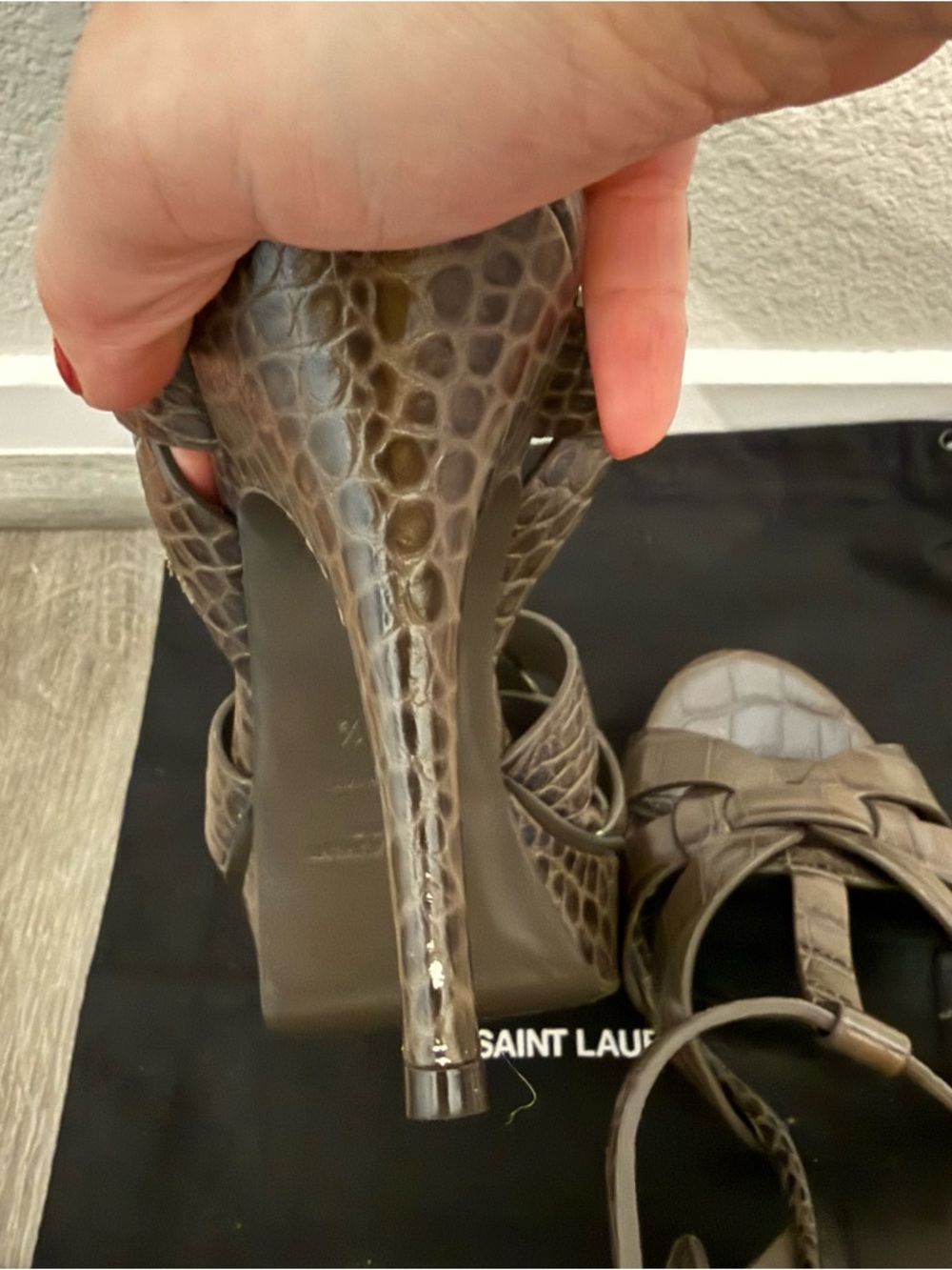 Saint Laurent Brown Taupe  Croc-Embossed Tribute Sandals 38.5 - Picture 5 of 11